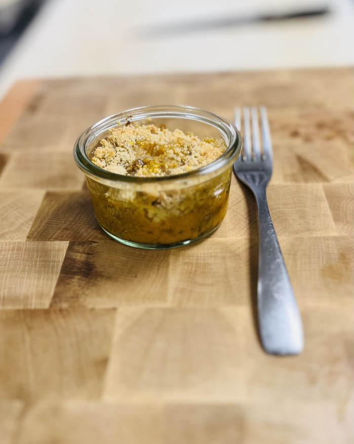 Ecrasé de patate douce, crumble châtaignes-noisettes